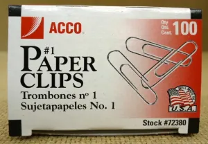 Acco 72380 Small Paper Clips Quantity 100 -- New