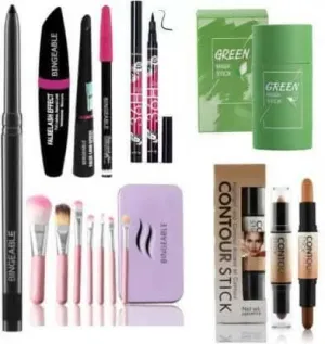 Bingeable Kajal& 3 In1 Waterproof Eyeliner, mascara, Kajal& 36H Eyeliner& 7 Pcs Brush(HK)& 2in1 Contour Stick& Green Tea Face Mask (6 Items in the set)