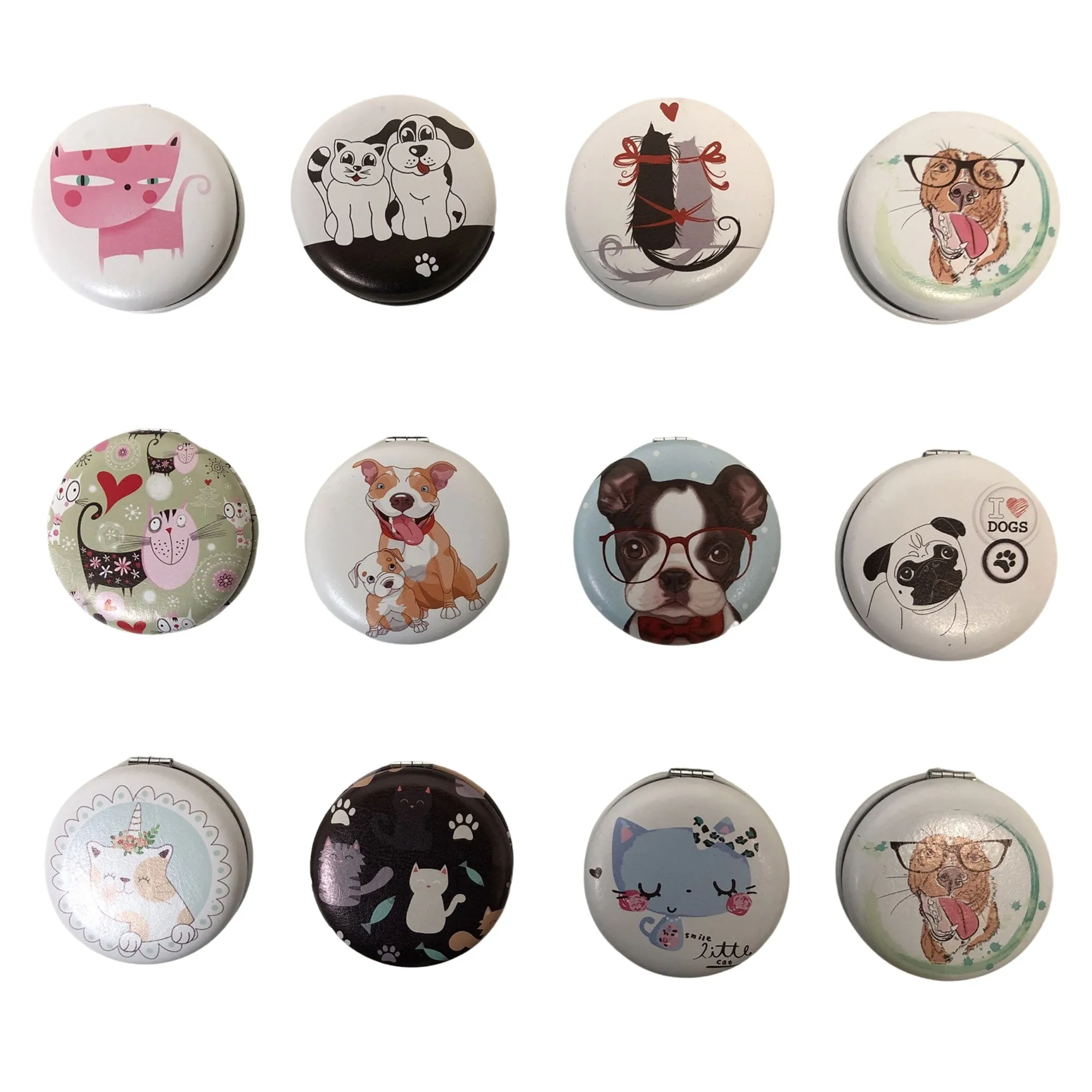 CLEARANCE ROUND COSMETIC MIRRORS CAT & DOG PRINTS (CASE OF 48 - $1.50 / PIECE)  Wholesale Cosmetic Mirrors in Assorted Prints SKU: 909-CAT-DOG-48