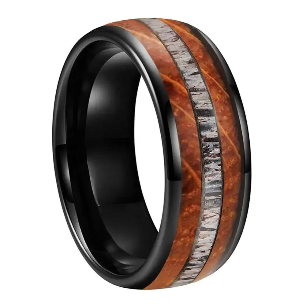 Deer Antler and Whiskey Barrel Oak Wood Dome Wedding Ring in Black Tungsten (8mm)