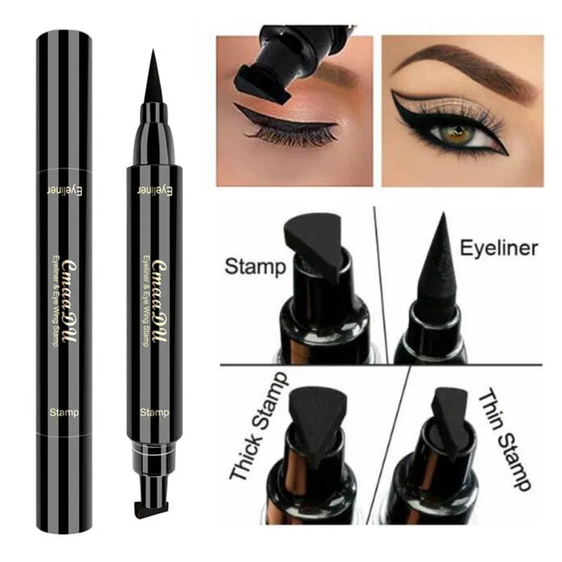 Double-Headed Seal Black Eyeliner Triangle Seal Eyeliner 2-in-1 Waterproof Eyes Make kit with Eyeliner Pen Eyeliner Stamp TSLM1