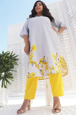 Grey Yellow Floral Printed Kurti