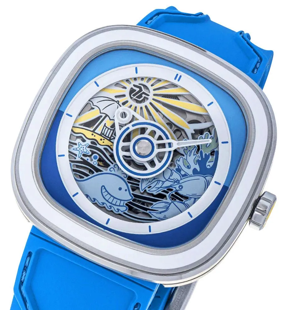 Limited Edition SEVENFRIDAY T-Series Beach Club Automatic Stainless Steel Blue Skeleton Dial Blue Silicone Strap Mens Watch T1/09