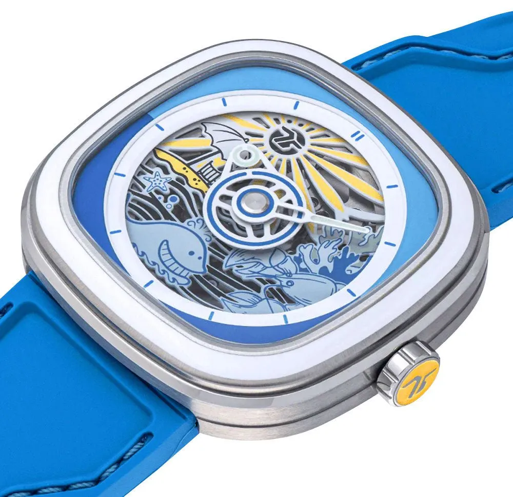 Limited Edition SEVENFRIDAY T-Series Beach Club Automatic Stainless Steel Blue Skeleton Dial Blue Silicone Strap Mens Watch T1/09