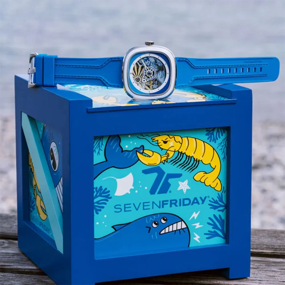 Limited Edition SEVENFRIDAY T-Series Beach Club Automatic Stainless Steel Blue Skeleton Dial Blue Silicone Strap Mens Watch T1/09