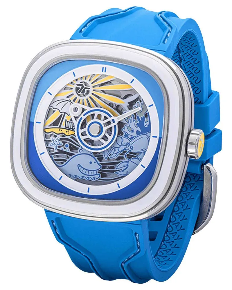 Limited Edition SEVENFRIDAY T-Series Beach Club Automatic Stainless Steel Blue Skeleton Dial Blue Silicone Strap Mens Watch T1/09