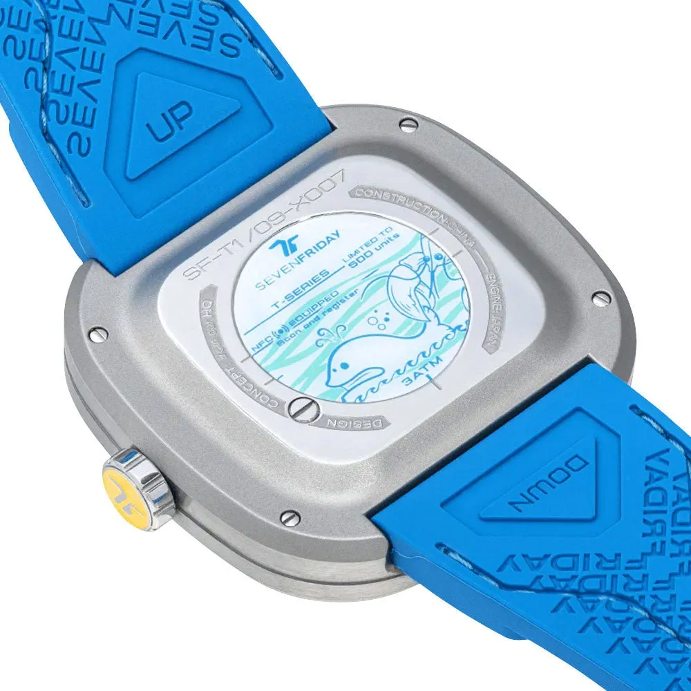 Limited Edition SEVENFRIDAY T-Series Beach Club Automatic Stainless Steel Blue Skeleton Dial Blue Silicone Strap Mens Watch T1/09