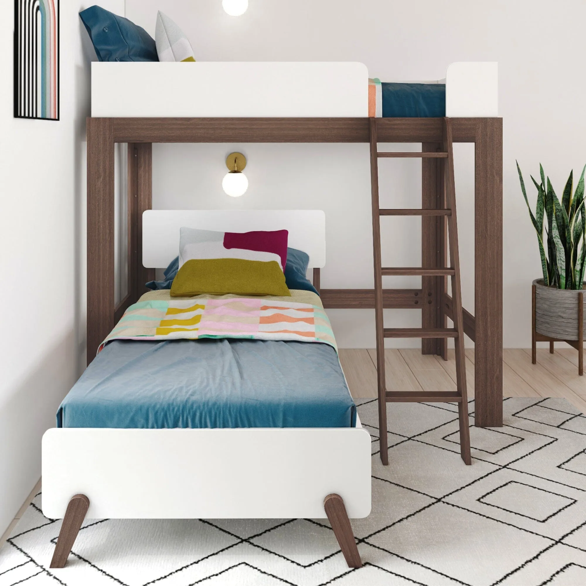 Mid-Century Modern Twin Over Twin L-Shaped Bunk Bed