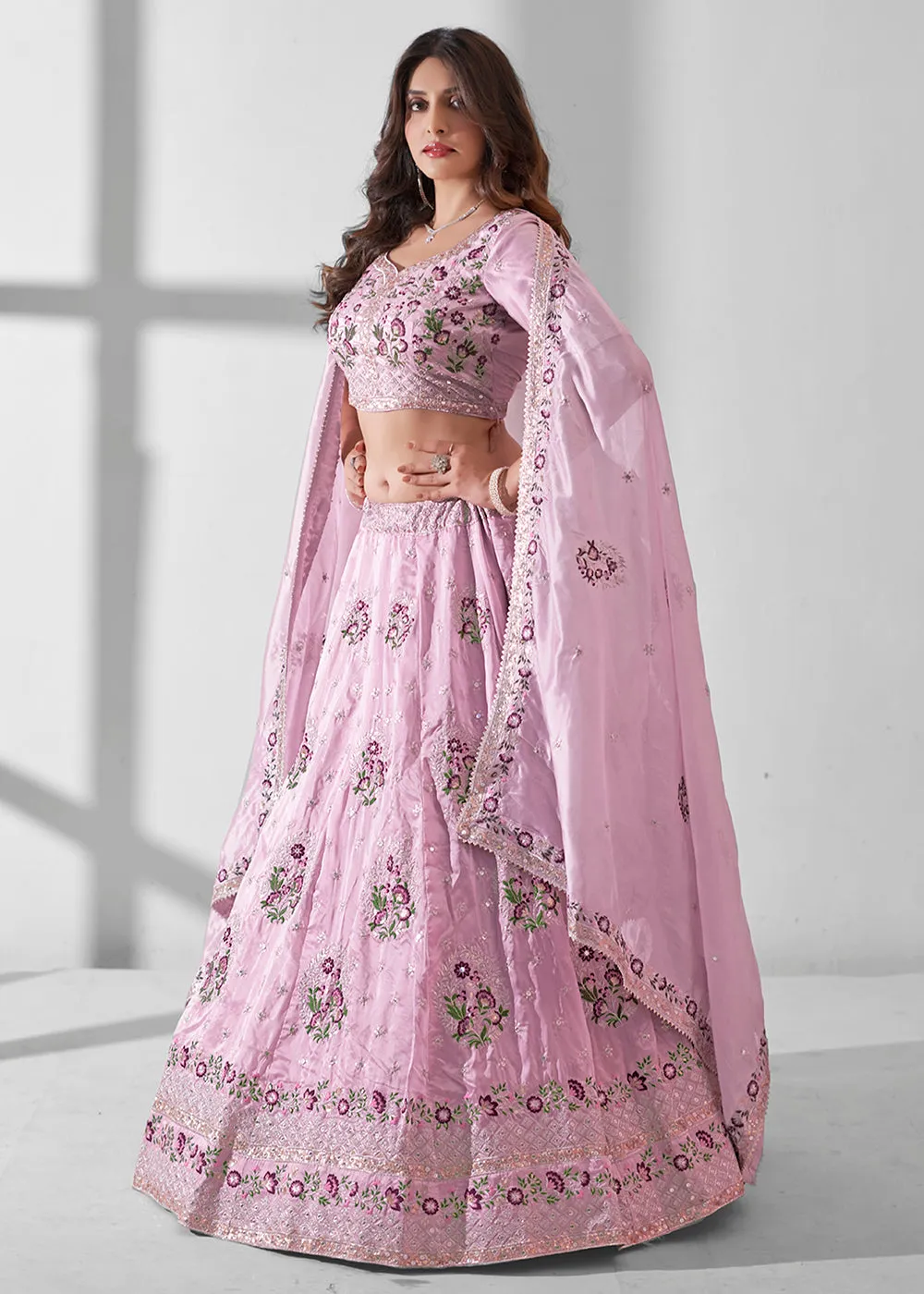 Soft Pink Multi Embroidered Wedding Festive Lehenga Choli