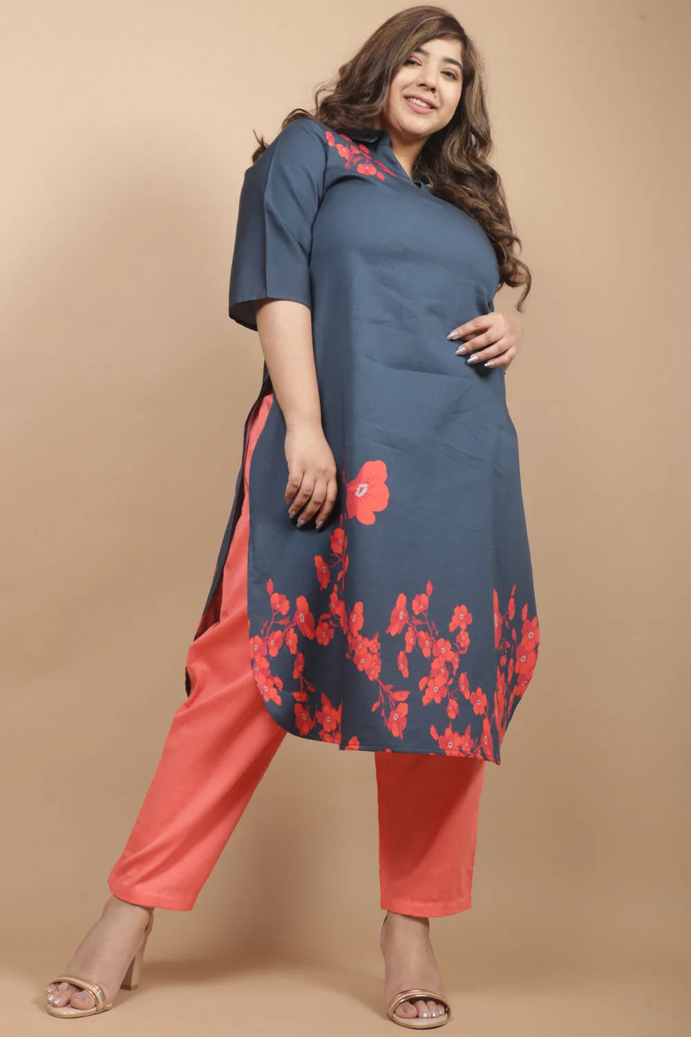 Teal Red Floral Printed Kurti